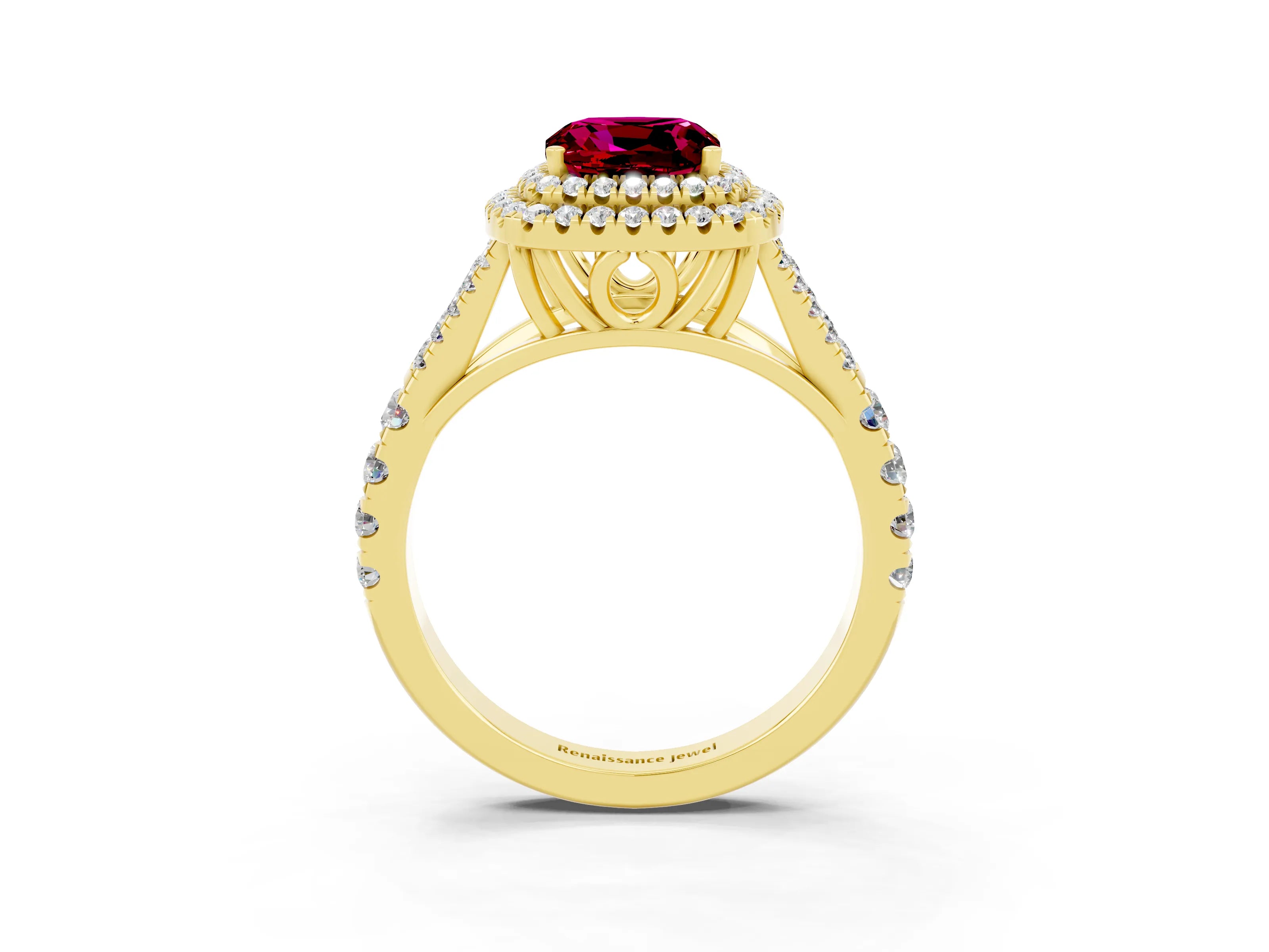 Yellow gold Cushion Cut Garnet Double Halo Ring with Split Shank and Prong Setting_15