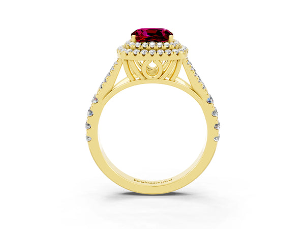 Yellow gold Cushion Cut Garnet Double Halo Ring with Split Shank and Prong Setting