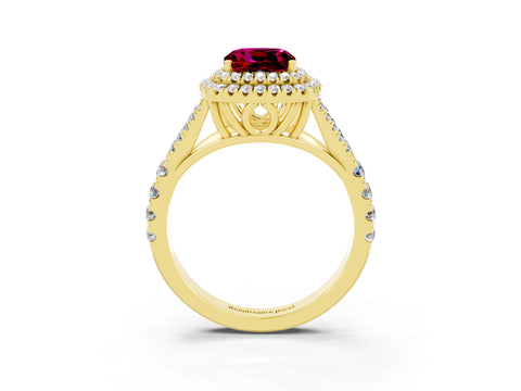 Yellow gold Cushion Cut Garnet Double Halo Ring with Split Shank and Prong Setting_15