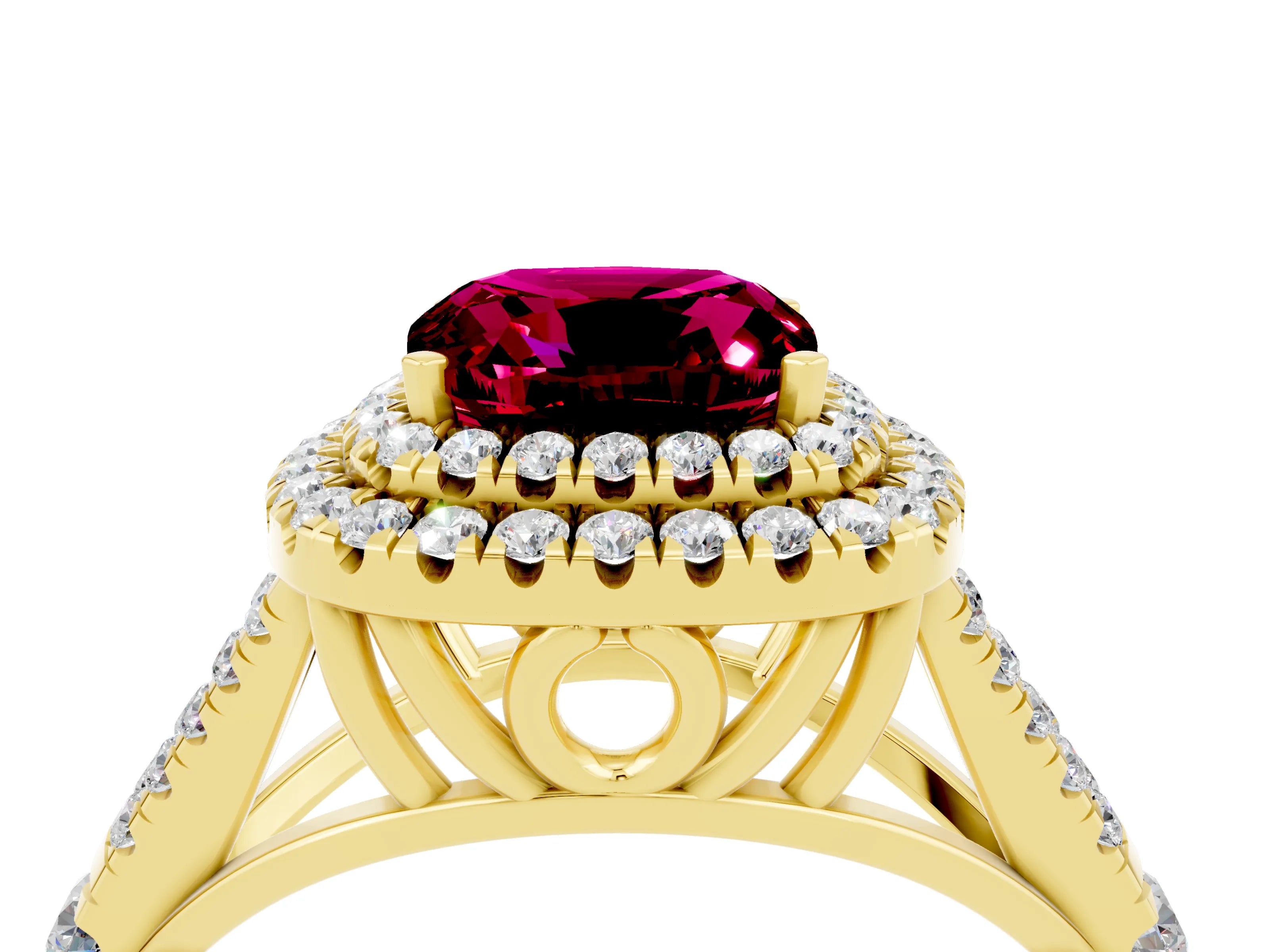 Yellow gold Cushion Cut Garnet Double Halo Ring with Split Shank and Prong Setting_16