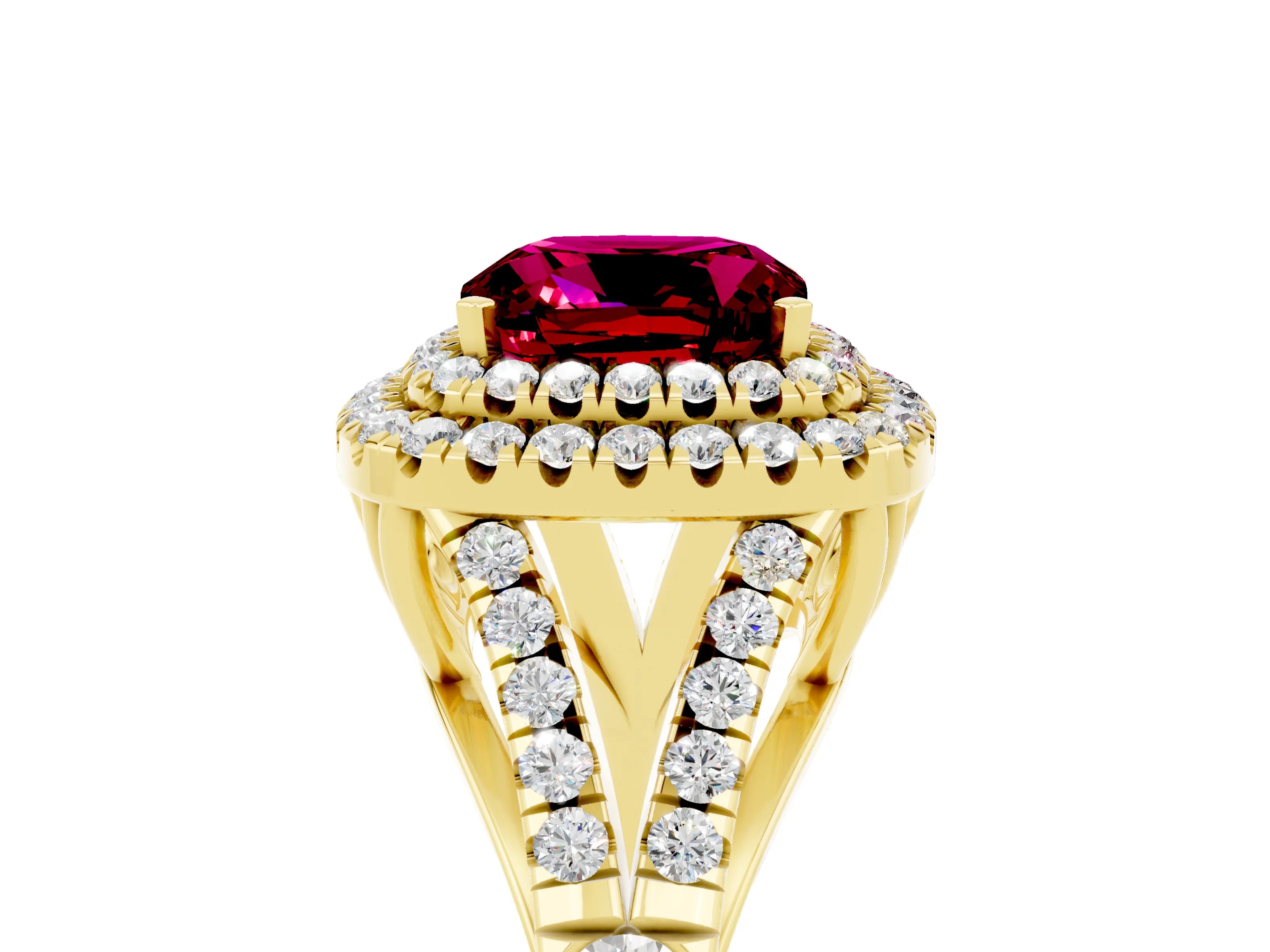 Yellow gold Cushion Cut Garnet Double Halo Ring with Split Shank and Prong Setting_17
