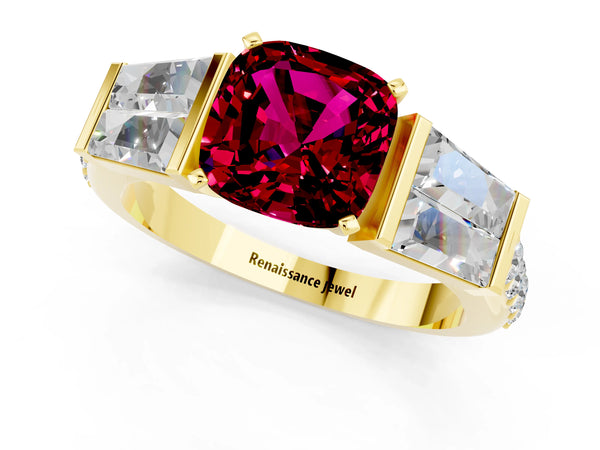 Yellow gold Cushion Cut Garnet Engagement Ring with Baguette Side Stones and Channel Set Band