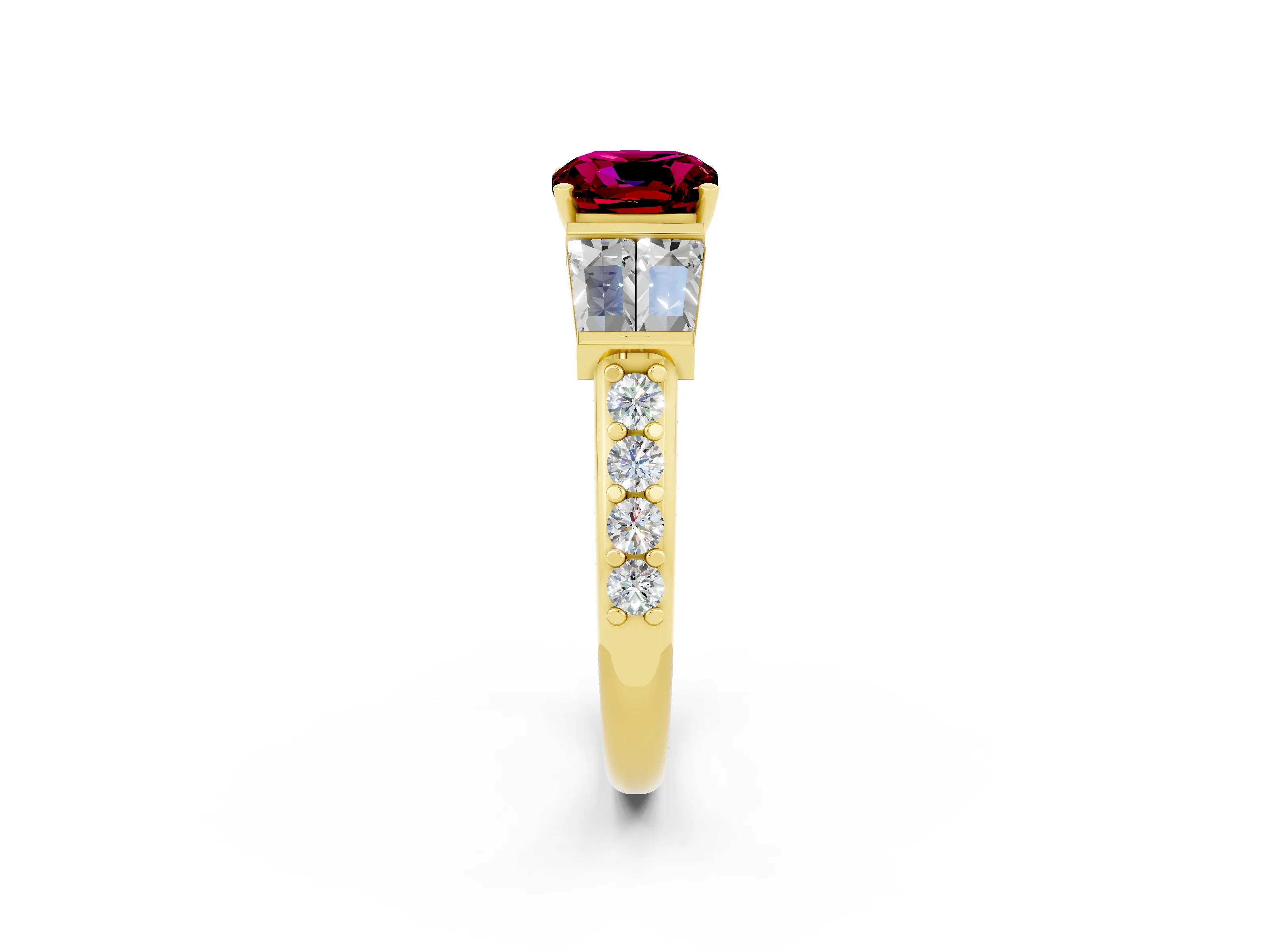 Yellow gold Cushion Cut Garnet Engagement Ring with Baguette Side Stones and Channel Set Band_2