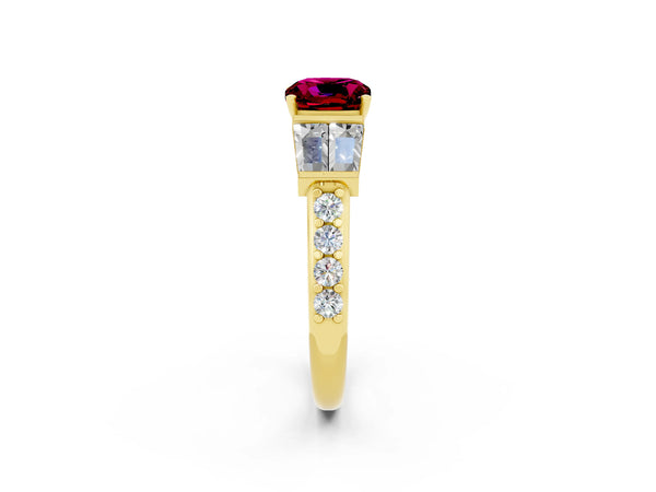 Yellow gold Cushion Cut Garnet Engagement Ring with Baguette Side Stones and Channel Set Band