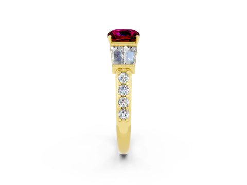 Yellow gold Cushion Cut Garnet Engagement Ring with Baguette Side Stones and Channel Set Band_2