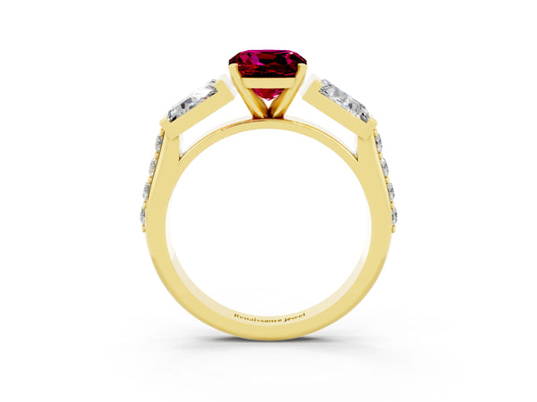Yellow gold Cushion Cut Garnet Engagement Ring with Baguette Side Stones and Channel Set Band