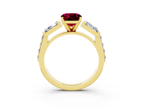 Yellow gold Cushion Cut Garnet Engagement Ring with Baguette Side Stones and Channel Set Band_3