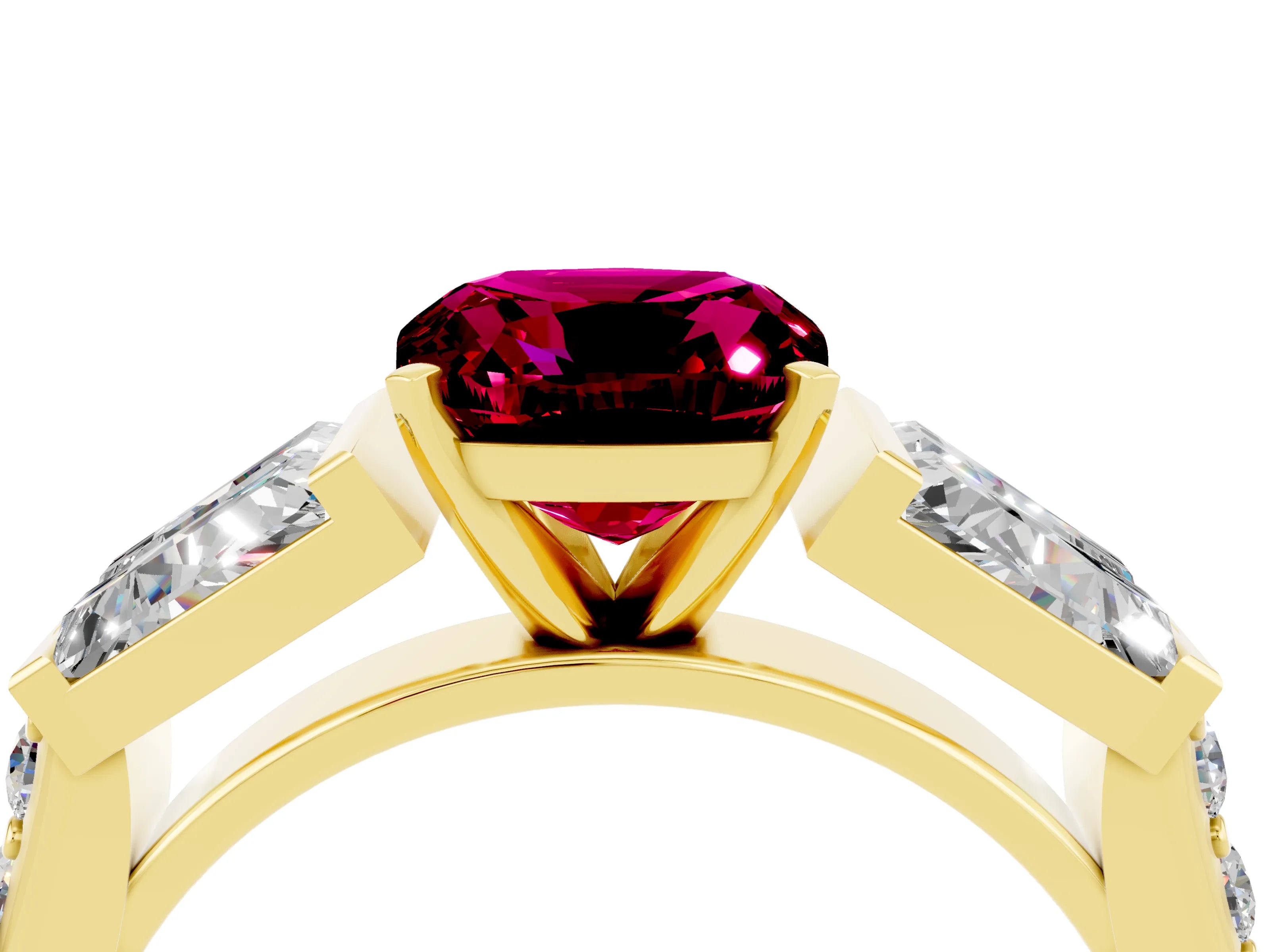 Yellow gold Cushion Cut Garnet Engagement Ring with Baguette Side Stones and Channel Set Band_4