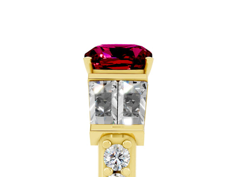 Yellow gold Cushion Cut Garnet Engagement Ring with Baguette Side Stones and Channel Set Band_5