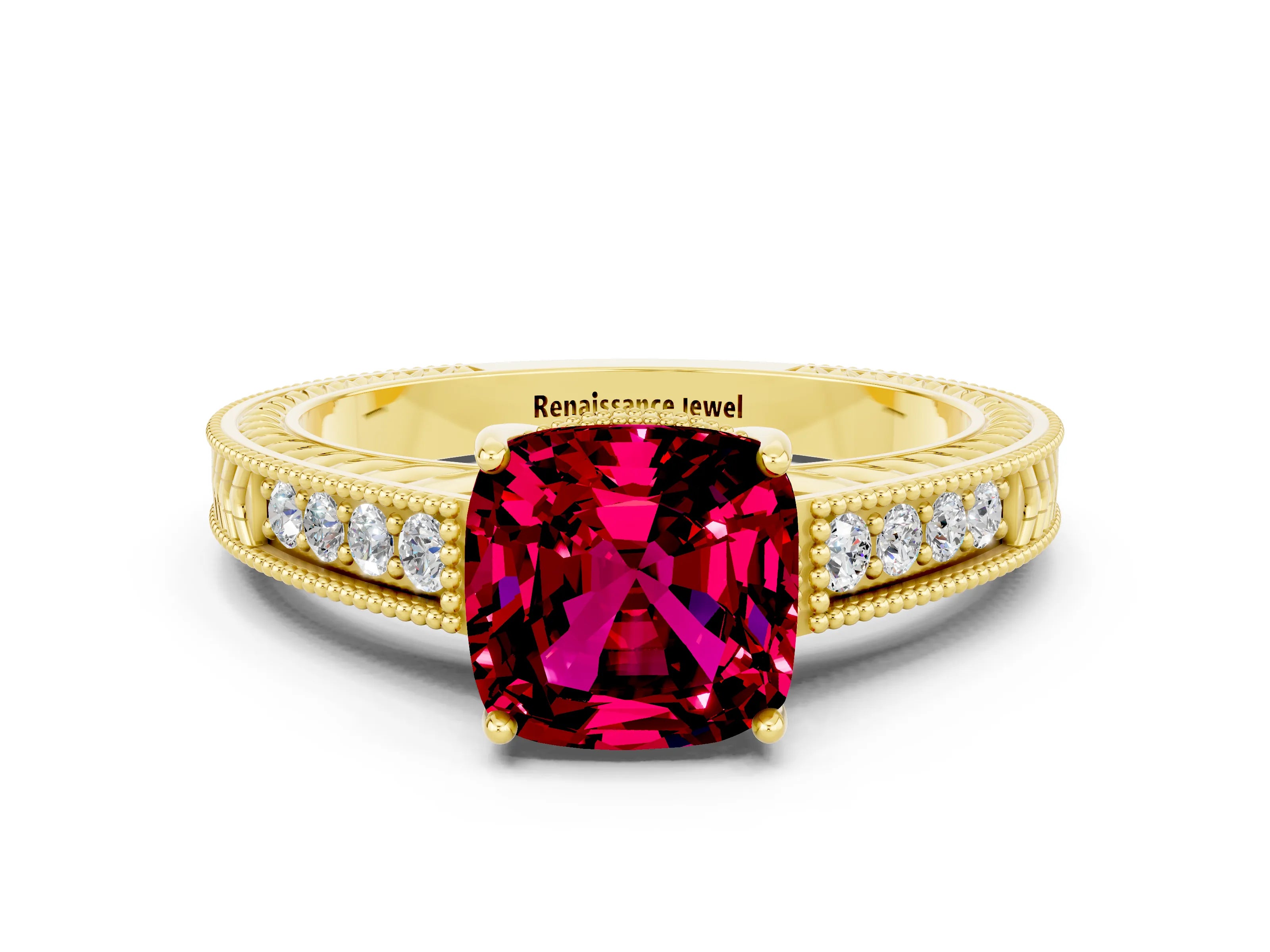 Yellow gold Cushion Cut Garnet Engagement Ring with Milgrain Channel Set Band and Prong Setting