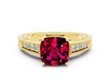 Yellow gold Cushion Cut Garnet Engagement Ring with Milgrain Channel Set Band and Prong Setting
