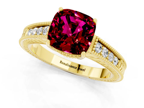 Yellow gold Cushion Cut Garnet Engagement Ring with Milgrain Channel Set Band and Prong Setting_1