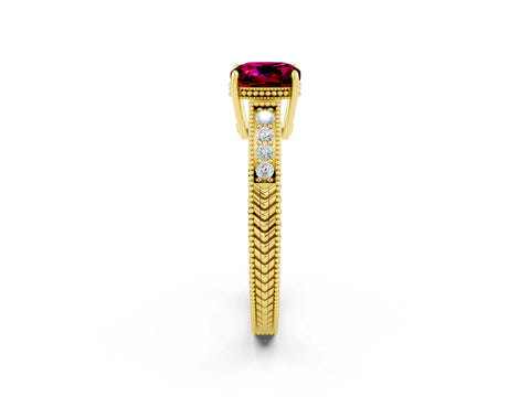 Yellow gold Cushion Cut Garnet Engagement Ring with Milgrain Channel Set Band and Prong Setting_2