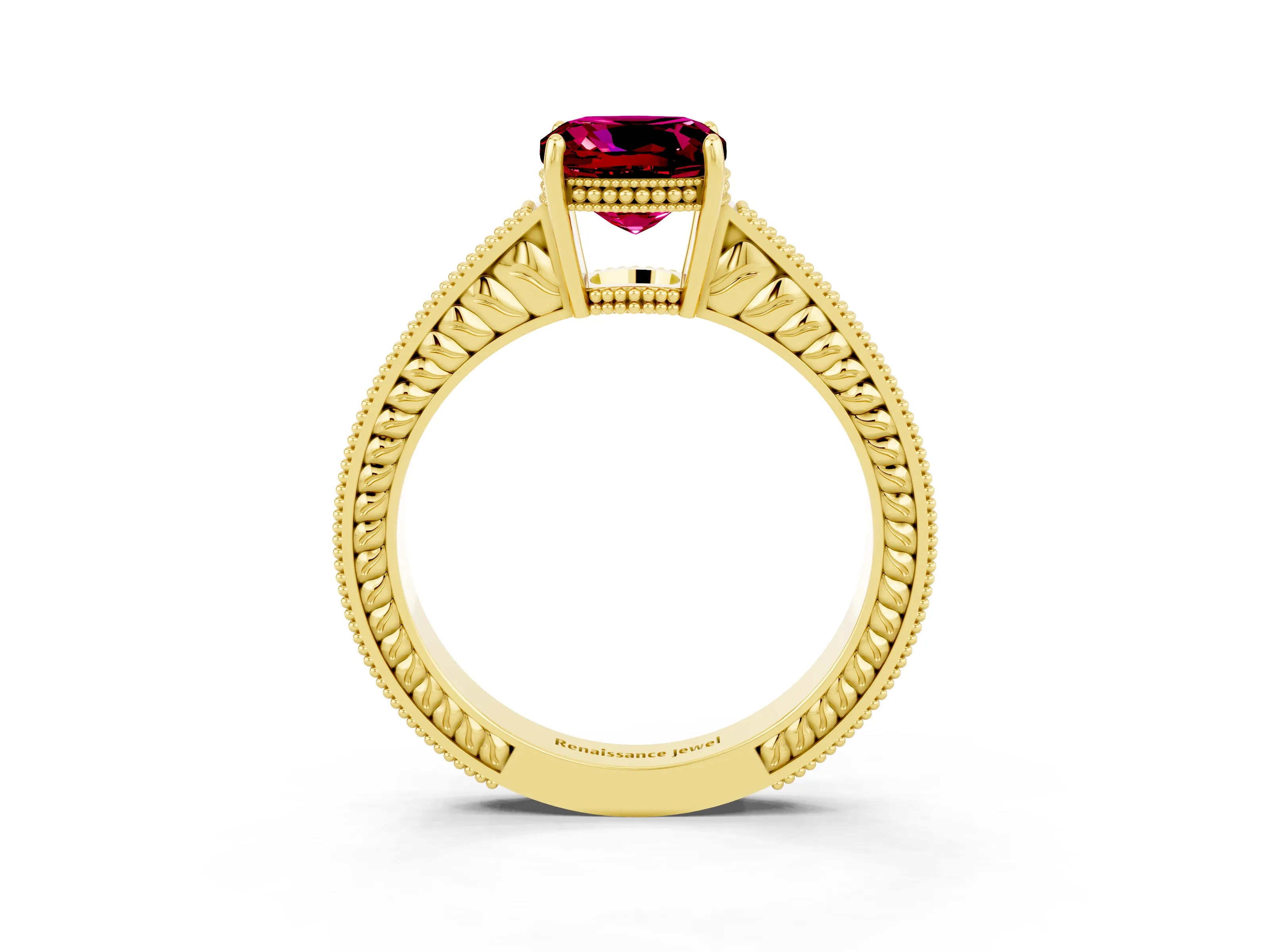 Yellow gold Cushion Cut Garnet Engagement Ring with Milgrain Channel Set Band and Prong Setting_3