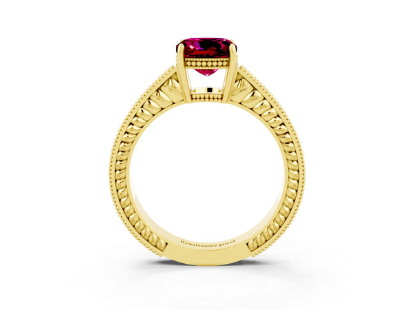 Yellow gold Cushion Cut Garnet Engagement Ring with Milgrain Channel Set Band and Prong Setting