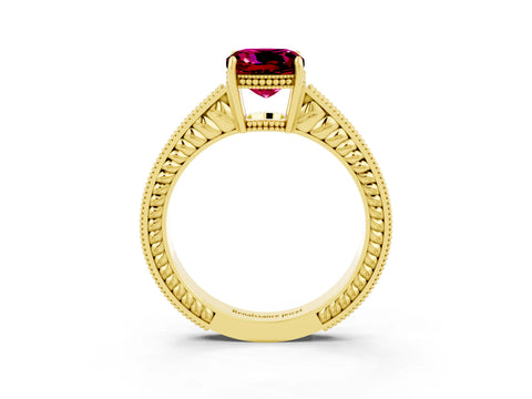Yellow gold Cushion Cut Garnet Engagement Ring with Milgrain Channel Set Band and Prong Setting_3