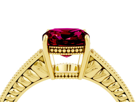 Yellow gold Cushion Cut Garnet Engagement Ring with Milgrain Channel Set Band and Prong Setting_4