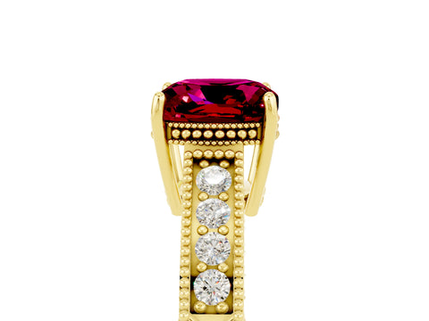 Yellow gold Cushion Cut Garnet Engagement Ring with Milgrain Channel Set Band and Prong Setting_5