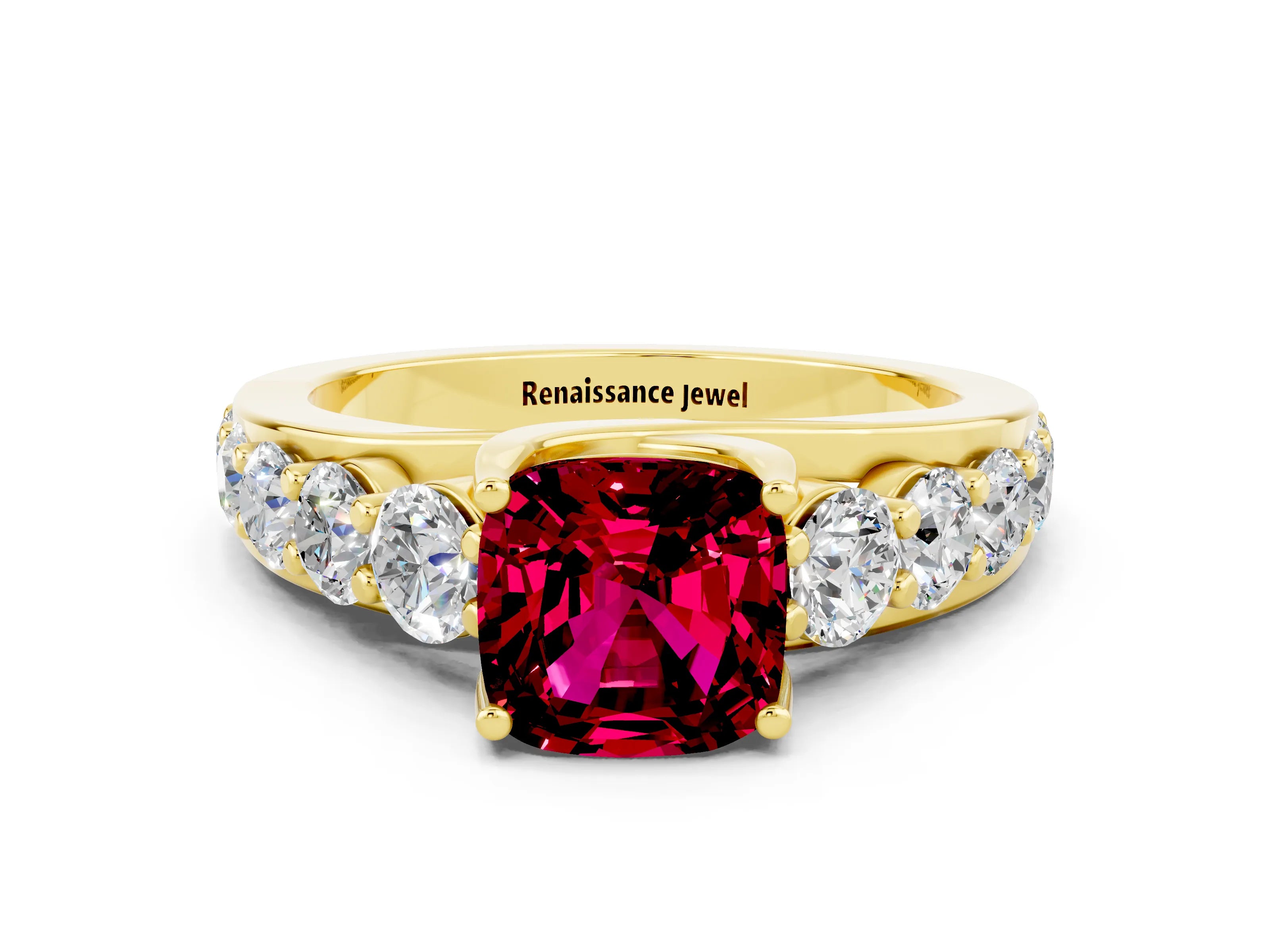 Yellow gold Cushion Cut Garnet Engagement Ring with Pavé Band and Four-Prong Setting