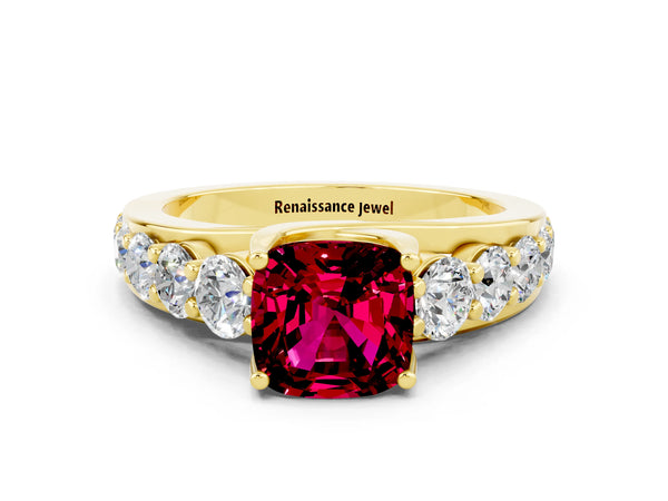 Yellow gold Cushion Cut Garnet Engagement Ring with Pavé Band and Four-Prong Setting