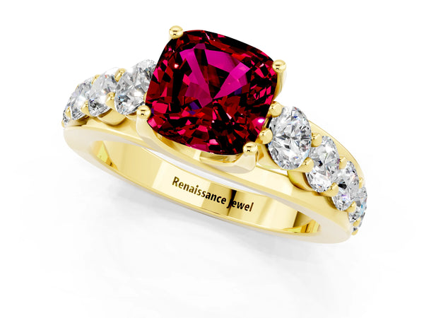 Yellow gold Cushion Cut Garnet Engagement Ring with Pavé Band and Four-Prong Setting