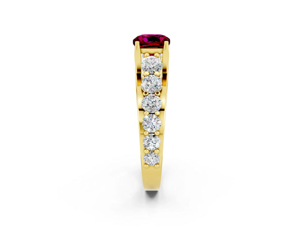 Yellow gold Cushion Cut Garnet Engagement Ring with Pavé Band and Four-Prong Setting