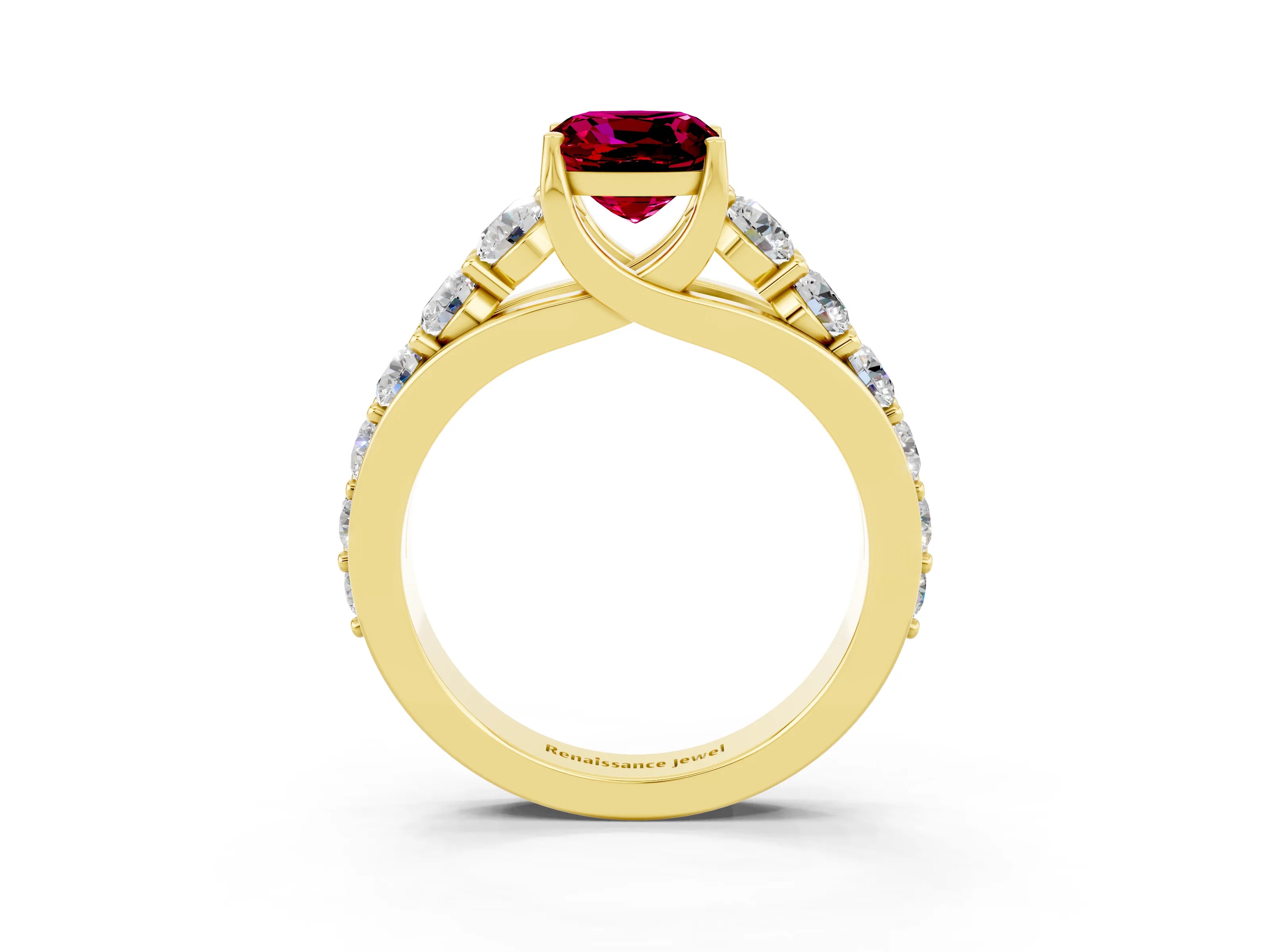Yellow gold Cushion Cut Garnet Engagement Ring with Pavé Band and Four-Prong Setting_3