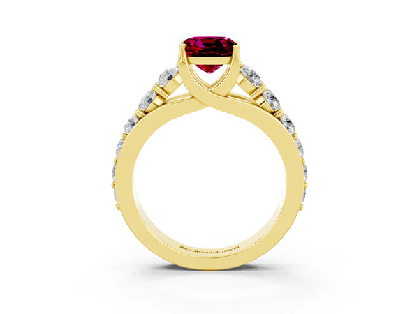 Yellow gold Cushion Cut Garnet Engagement Ring with Pavé Band and Four-Prong Setting