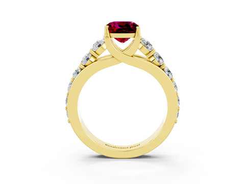 Yellow gold Cushion Cut Garnet Engagement Ring with Pavé Band and Four-Prong Setting_3