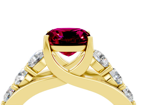 Yellow gold Cushion Cut Garnet Engagement Ring with Pavé Band and Four-Prong Setting_4