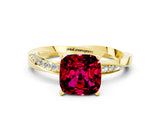 Yellow gold Cushion Cut Garnet Engagement Ring with Side Stone Accents and Four-Prong Setting_24