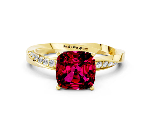 Yellow gold Cushion Cut Garnet Engagement Ring with Side Stone Accents and Four-Prong Setting_27