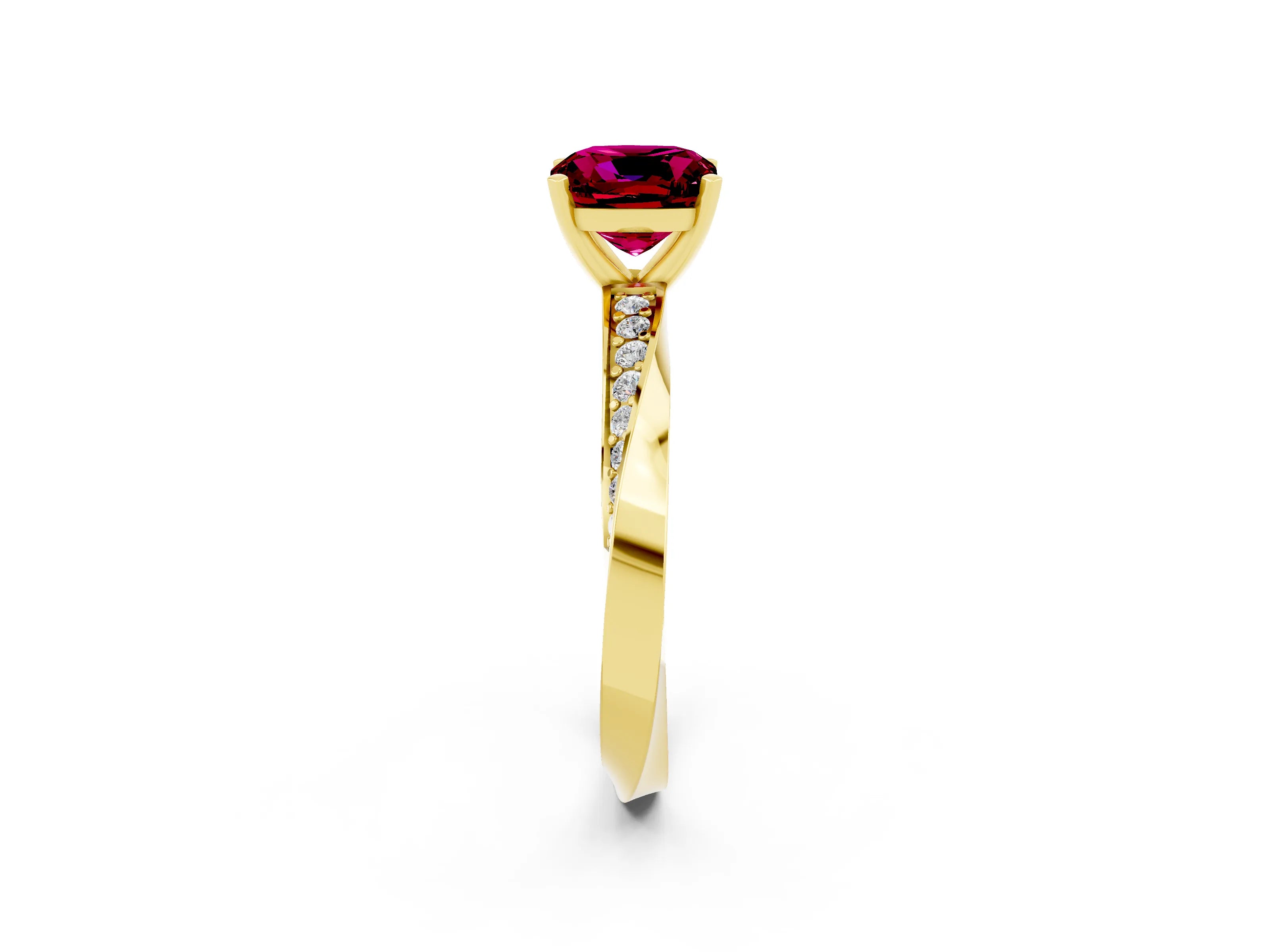 Yellow gold Cushion Cut Garnet Engagement Ring with Side Stone Accents and Four-Prong Setting_29