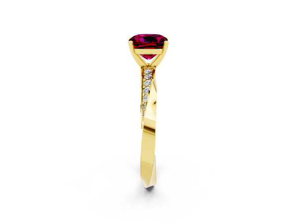 Yellow gold Cushion Cut Garnet Engagement Ring with Side Stone Accents and Four-Prong Setting