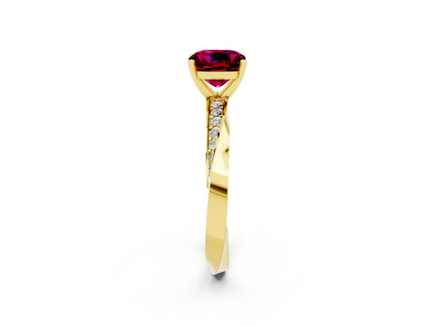 Yellow gold Cushion Cut Garnet Engagement Ring with Side Stone Accents and Four-Prong Setting_29