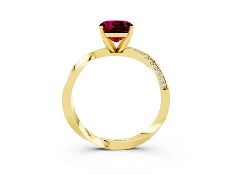 Yellow gold Cushion Cut Garnet Engagement Ring with Side Stone Accents and Four-Prong Setting_30