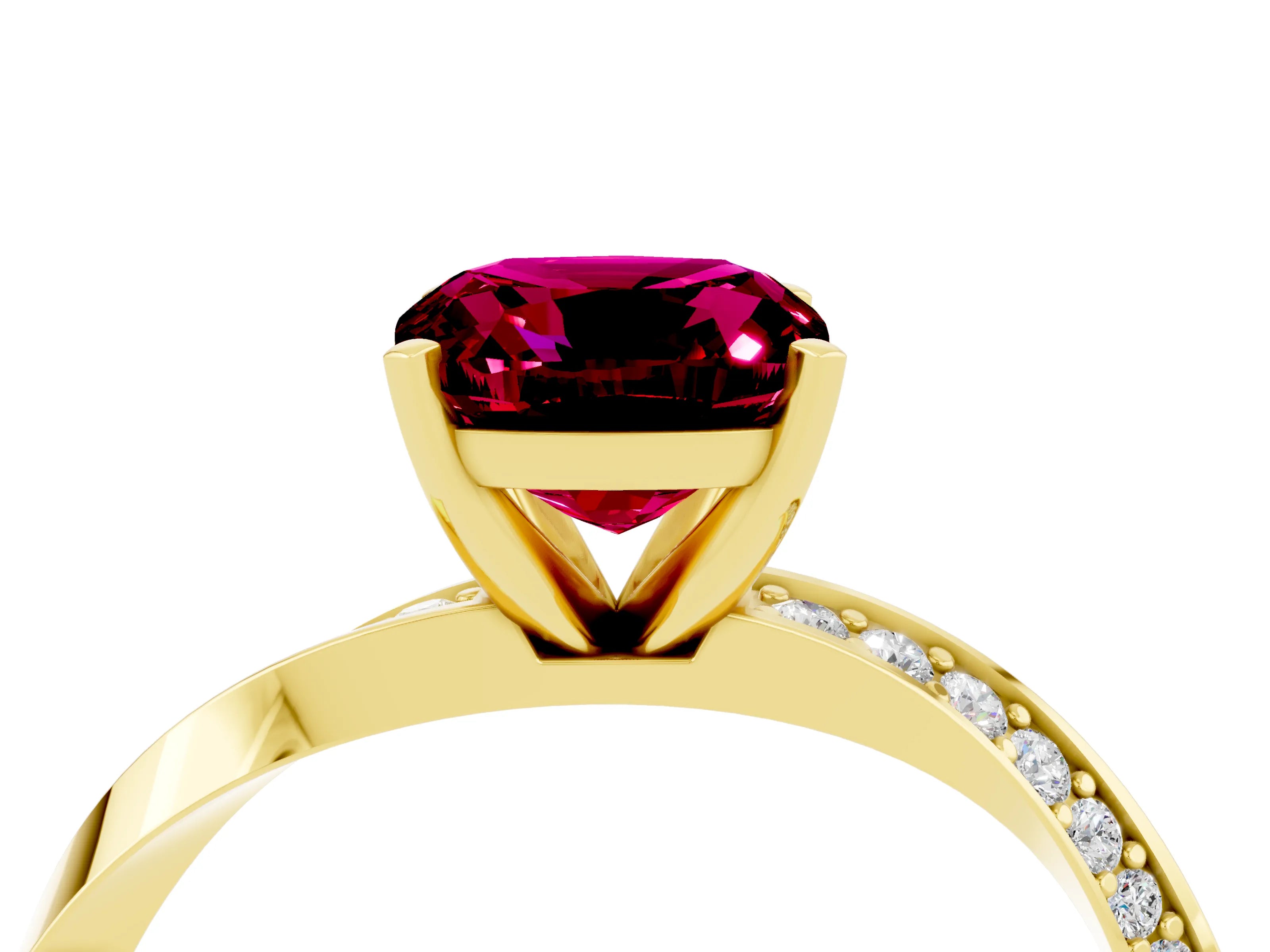 Yellow gold Cushion Cut Garnet Engagement Ring with Side Stone Accents and Four-Prong Setting_31