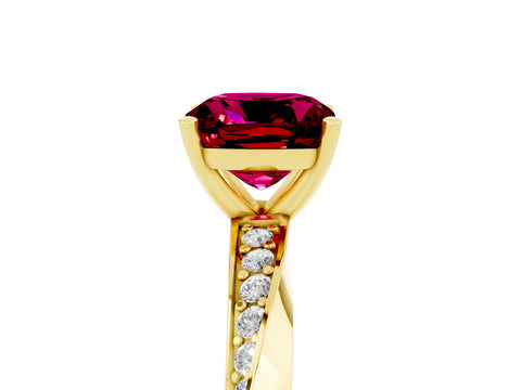 Yellow gold Cushion Cut Garnet Engagement Ring with Side Stone Accents and Four-Prong Setting_32