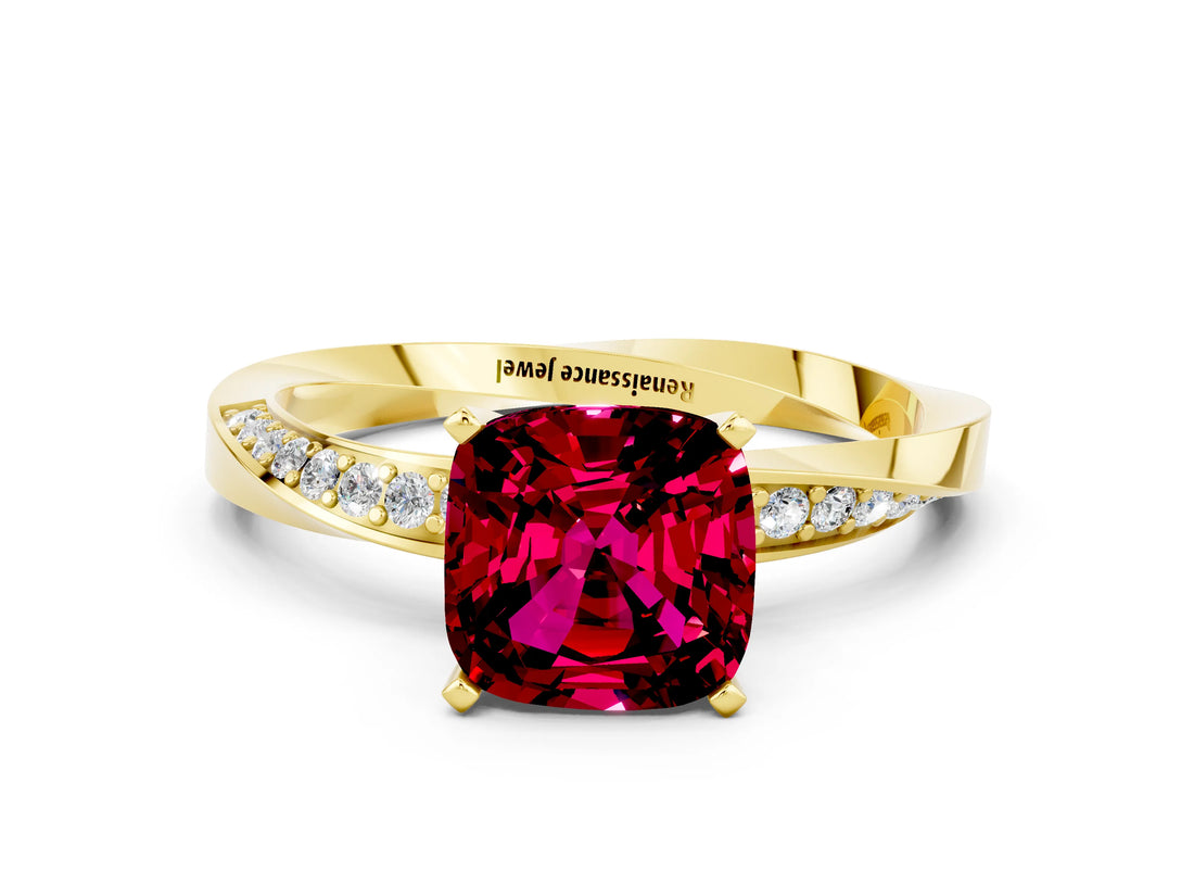 Yellow gold Cushion Cut Garnet Engagement Ring with Side Stone Accents and Four-Prong Setting_84