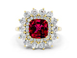 Yellow gold Cushion Cut Garnet Floral Double Halo Engagement Ring with Prong Setting_12