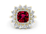 Yellow gold Cushion Cut Garnet Floral Double Halo Engagement Ring with Prong Setting_60