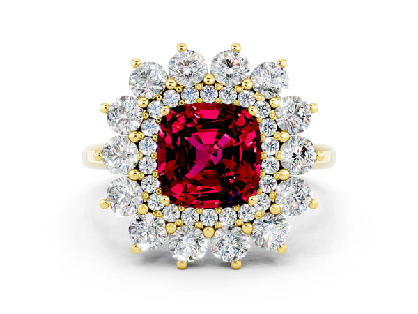 Yellow gold Cushion Cut Garnet Floral Double Halo Engagement Ring with Prong Setting