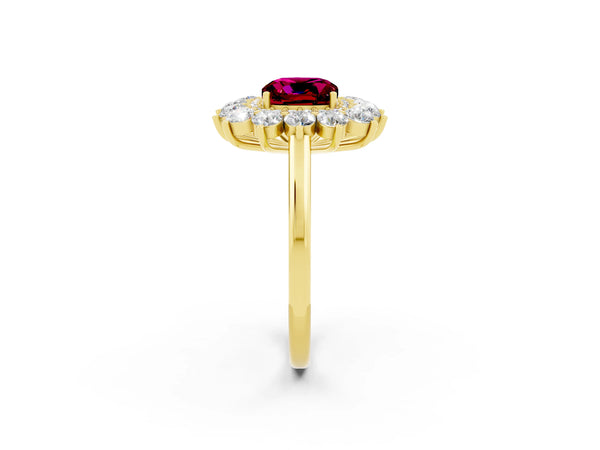 Yellow gold Cushion Cut Garnet Floral Double Halo Engagement Ring with Prong Setting