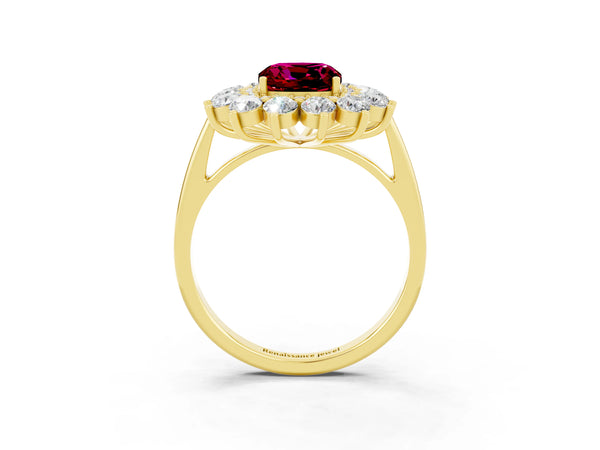 Yellow gold Cushion Cut Garnet Floral Double Halo Engagement Ring with Prong Setting