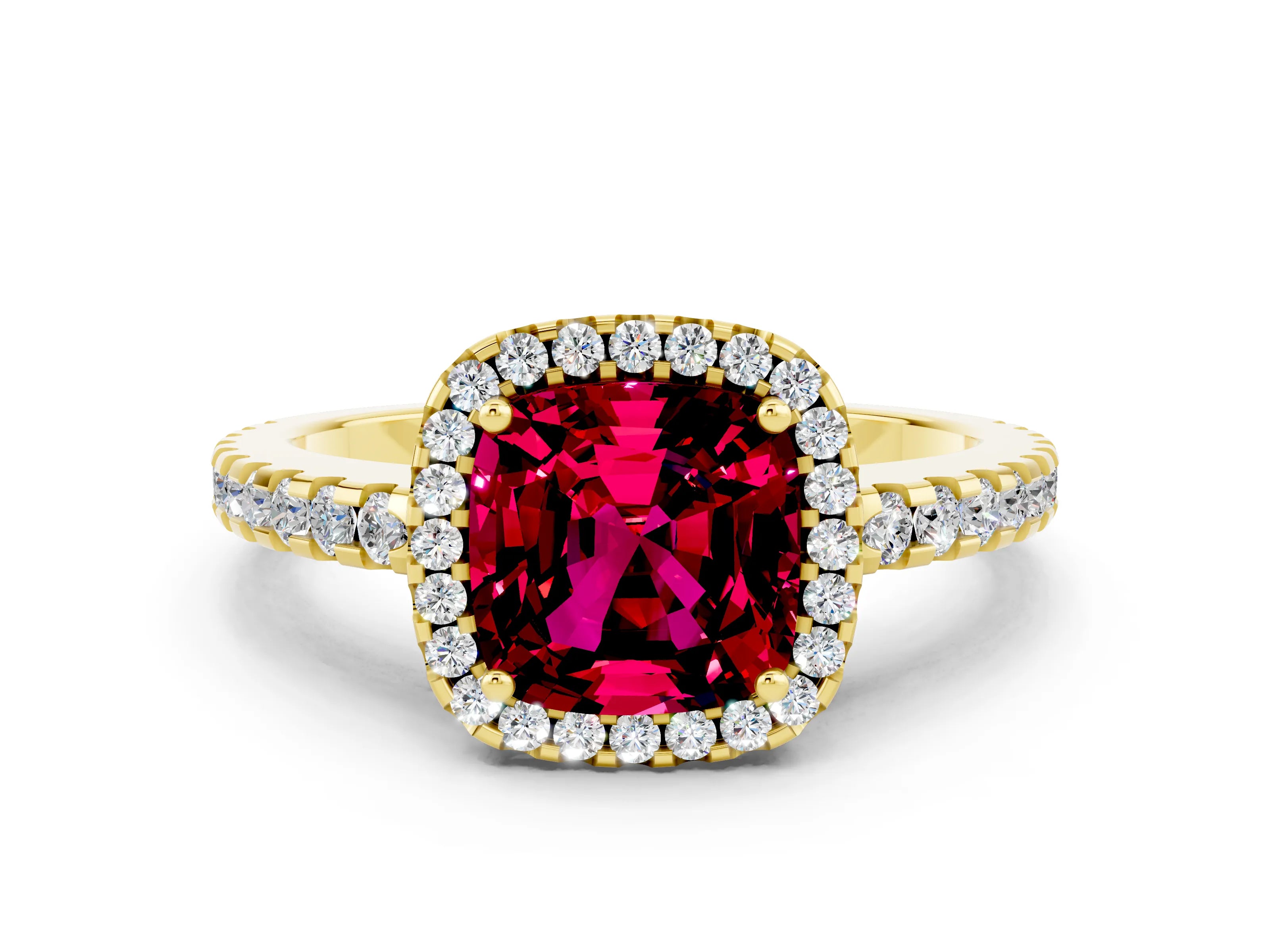 Yellow gold Cushion Cut Garnet Halo Engagement Ring with Pavé Band and Prong Setting_12