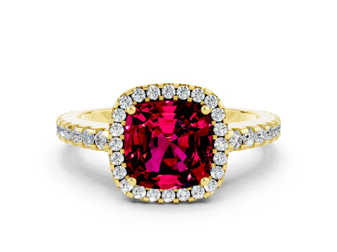 Yellow gold Cushion Cut Garnet Halo Engagement Ring with Pavé Band and Prong Setting_12