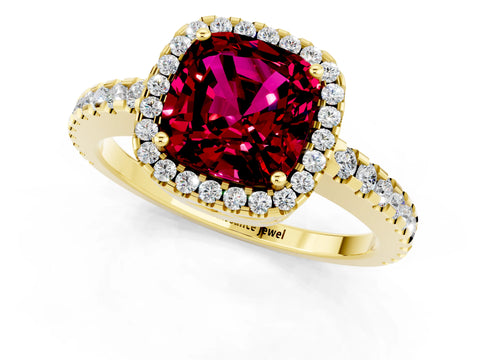 Yellow gold Cushion Cut Garnet Halo Engagement Ring with Pavé Band and Prong Setting_13