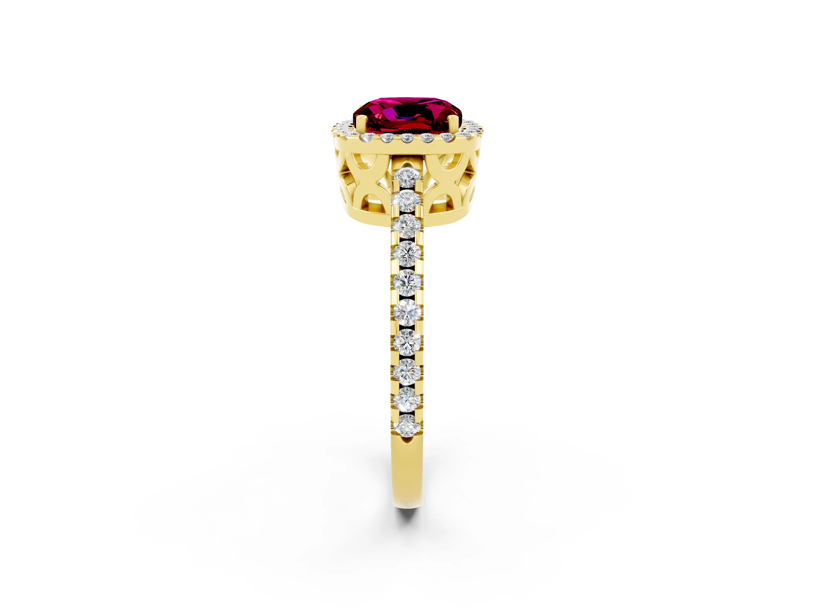 Yellow gold Cushion Cut Garnet Halo Engagement Ring with Pavé Band and Prong Setting_14