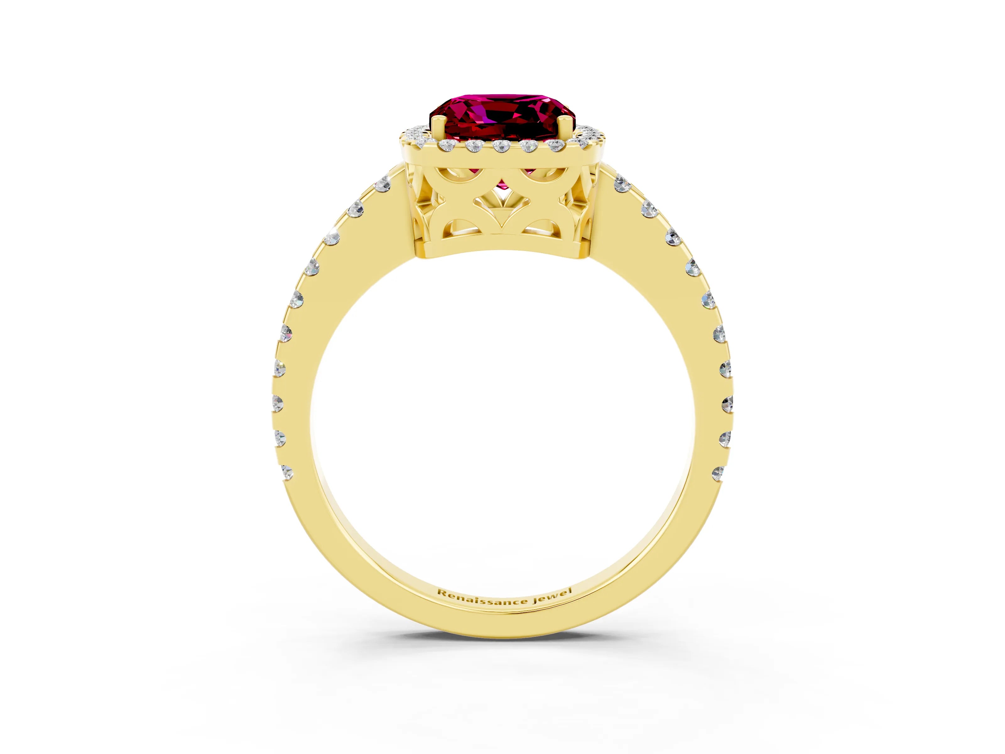 Yellow gold Cushion Cut Garnet Halo Engagement Ring with Pavé Band and Prong Setting_15