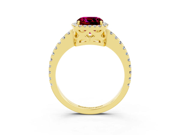 Yellow gold Cushion Cut Garnet Halo Engagement Ring with Pavé Band and Prong Setting